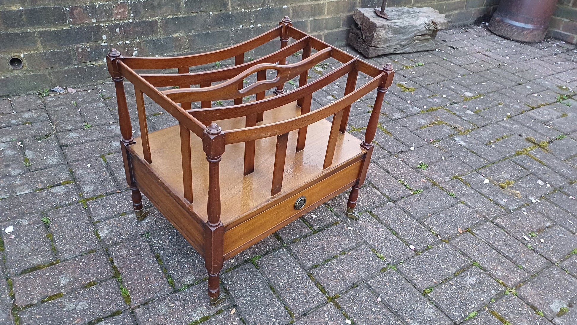 Vintage Mahogany Magazine Rack Canterbury with Drawer.