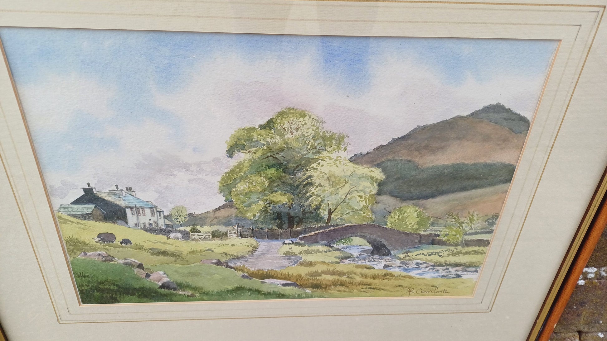 Vintage watercolour painting of Lake District, Cumbria - river, stone bridge, farmhouse, fells, by John Cornforth of Ambleside, orignal