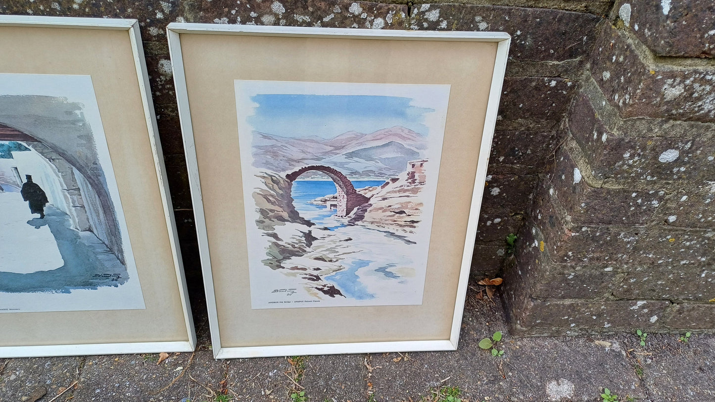 Four vintage prints of Greek scenes by Stamatis Vassiliou 1964 , framed in retro wooden white frame, Andros, Santorini, Naxos