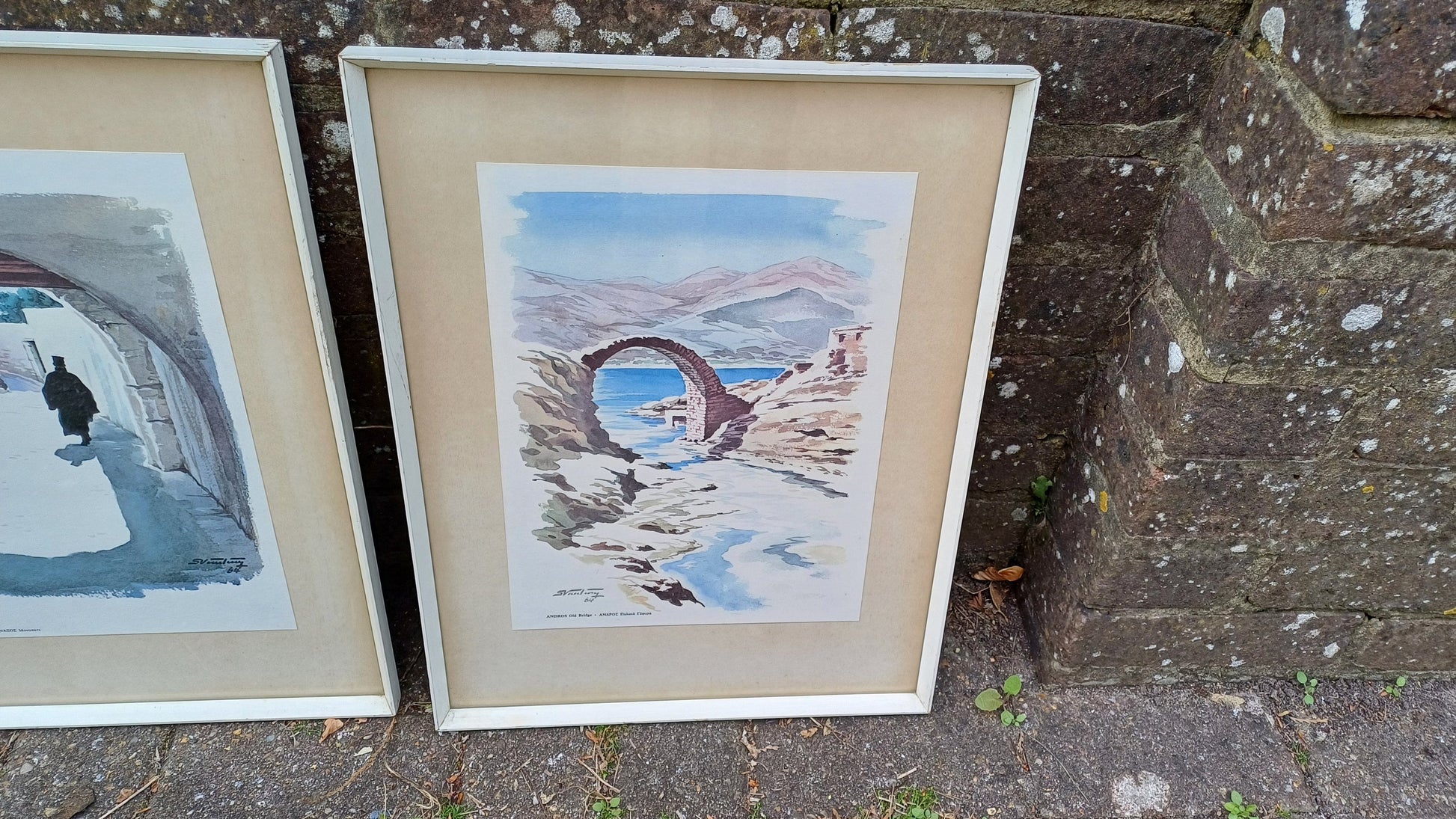 Four vintage prints of Greek scenes by Stamatis Vassiliou 1964 , framed in retro wooden white frame, Andros, Santorini, Naxos