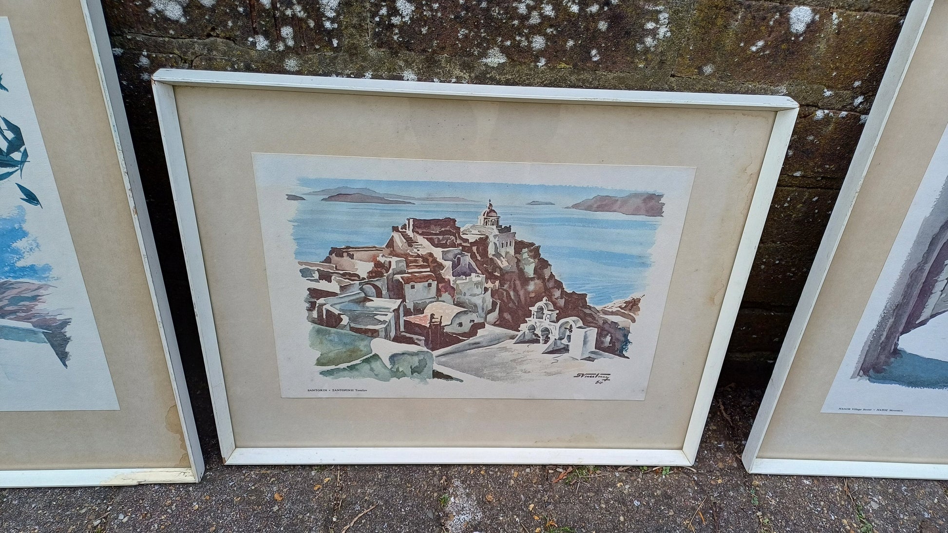 Four vintage prints of Greek scenes by Stamatis Vassiliou 1964 , framed in retro wooden white frame, Andros, Santorini, Naxos