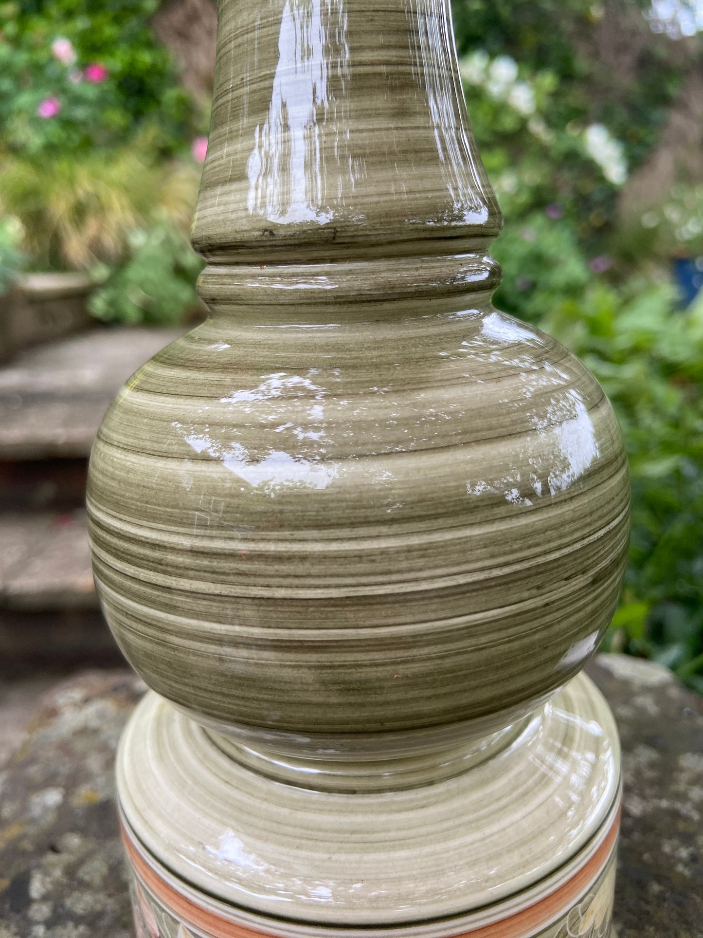 Vintage Jersey Pottery Green Table Lamp - working vintage table lamp, Green ceramic with hand painted flowers