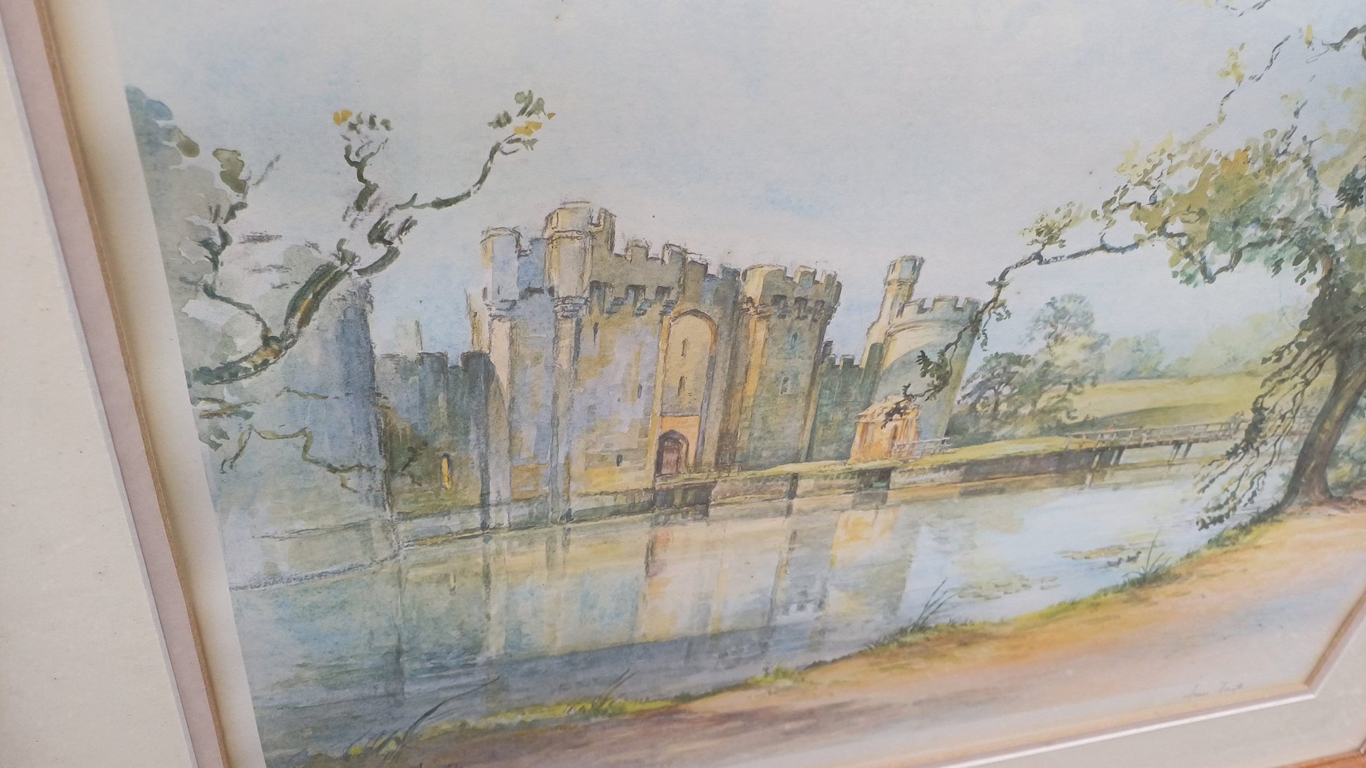 Framed vintage signed print of Bodiam Castle, Sussex by James Forsyth - wooden frame glazed, no. 16/500