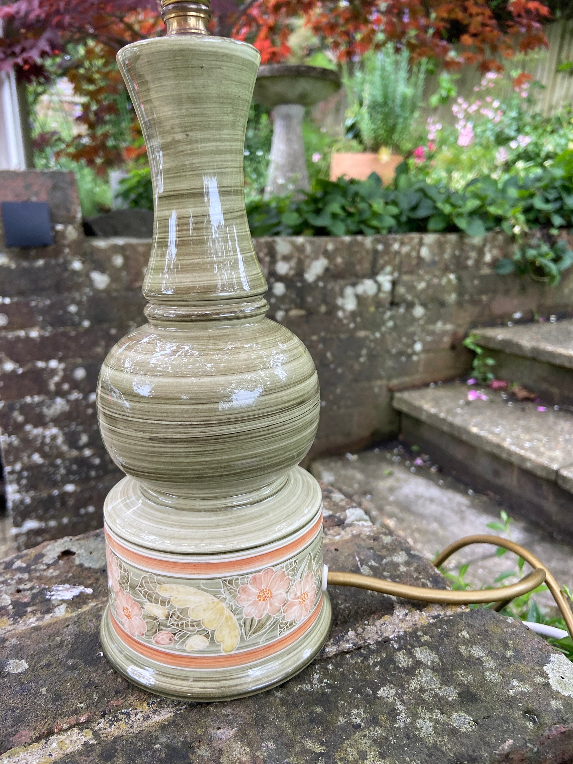 Vintage Jersey Pottery Green Table Lamp - working vintage table lamp, Green ceramic with hand painted flowers