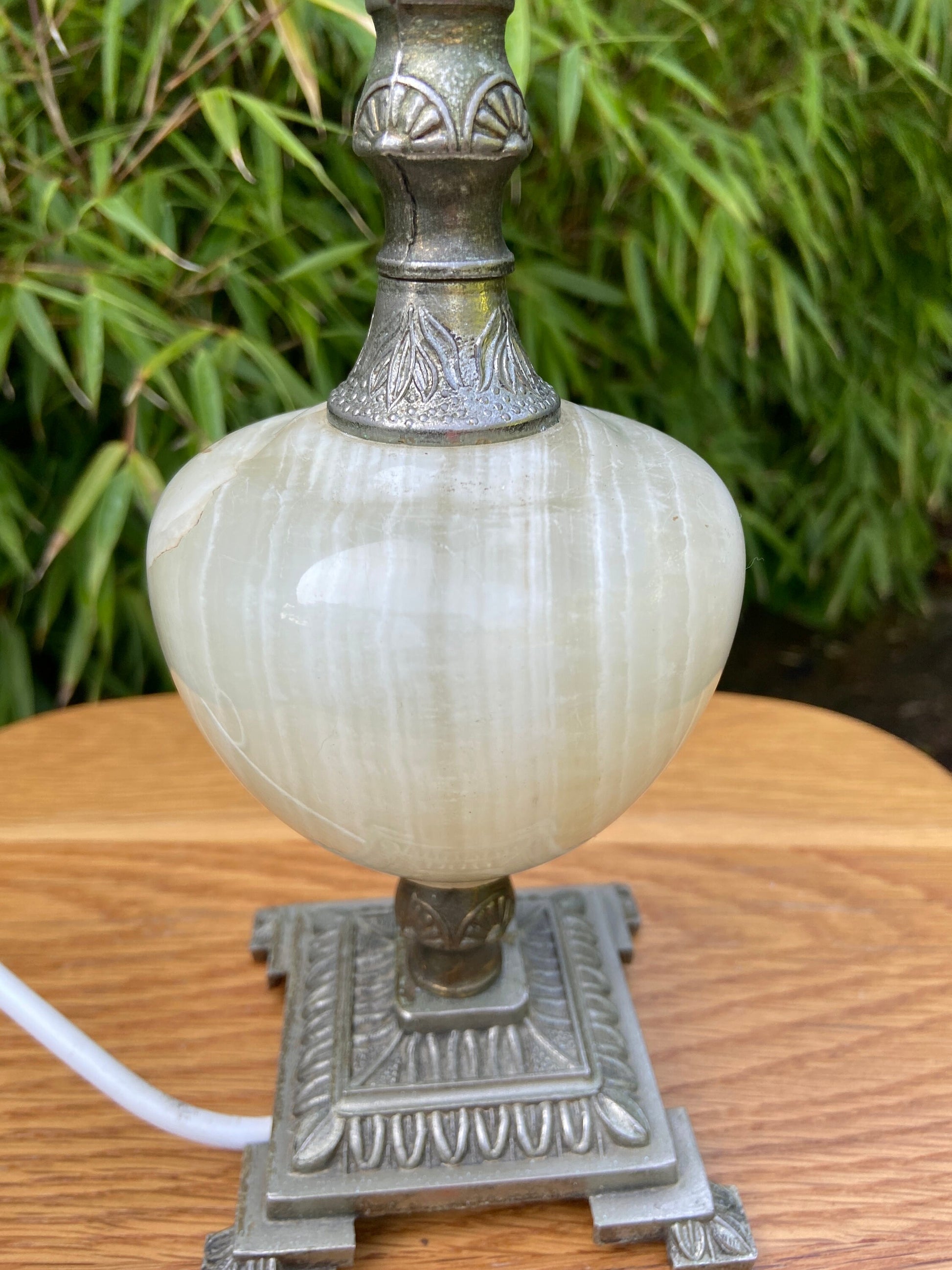 Ornate vintage Onyx Lamp - Green onyx with stripes, and cream inserted stone, ornate metal square base and stem