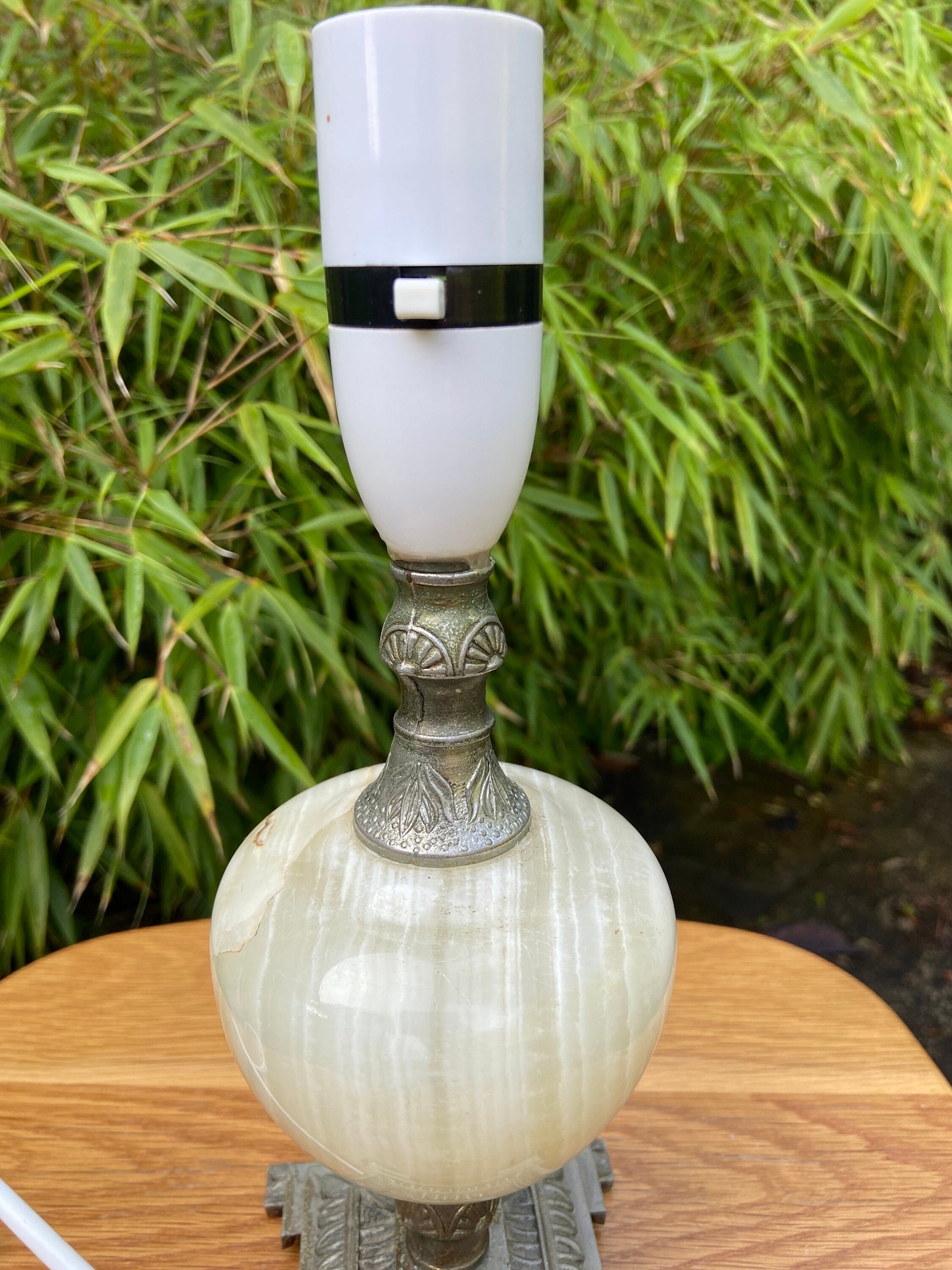 Ornate vintage Onyx Lamp - Green onyx with stripes, and cream inserted stone, ornate metal square base and stem