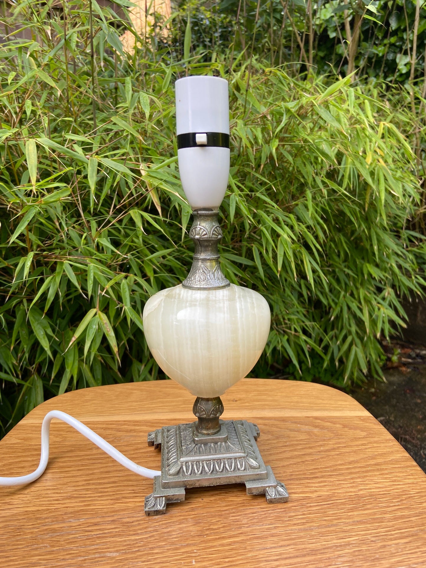 Ornate vintage Onyx Lamp - Green onyx with stripes, and cream inserted stone, ornate metal square base and stem