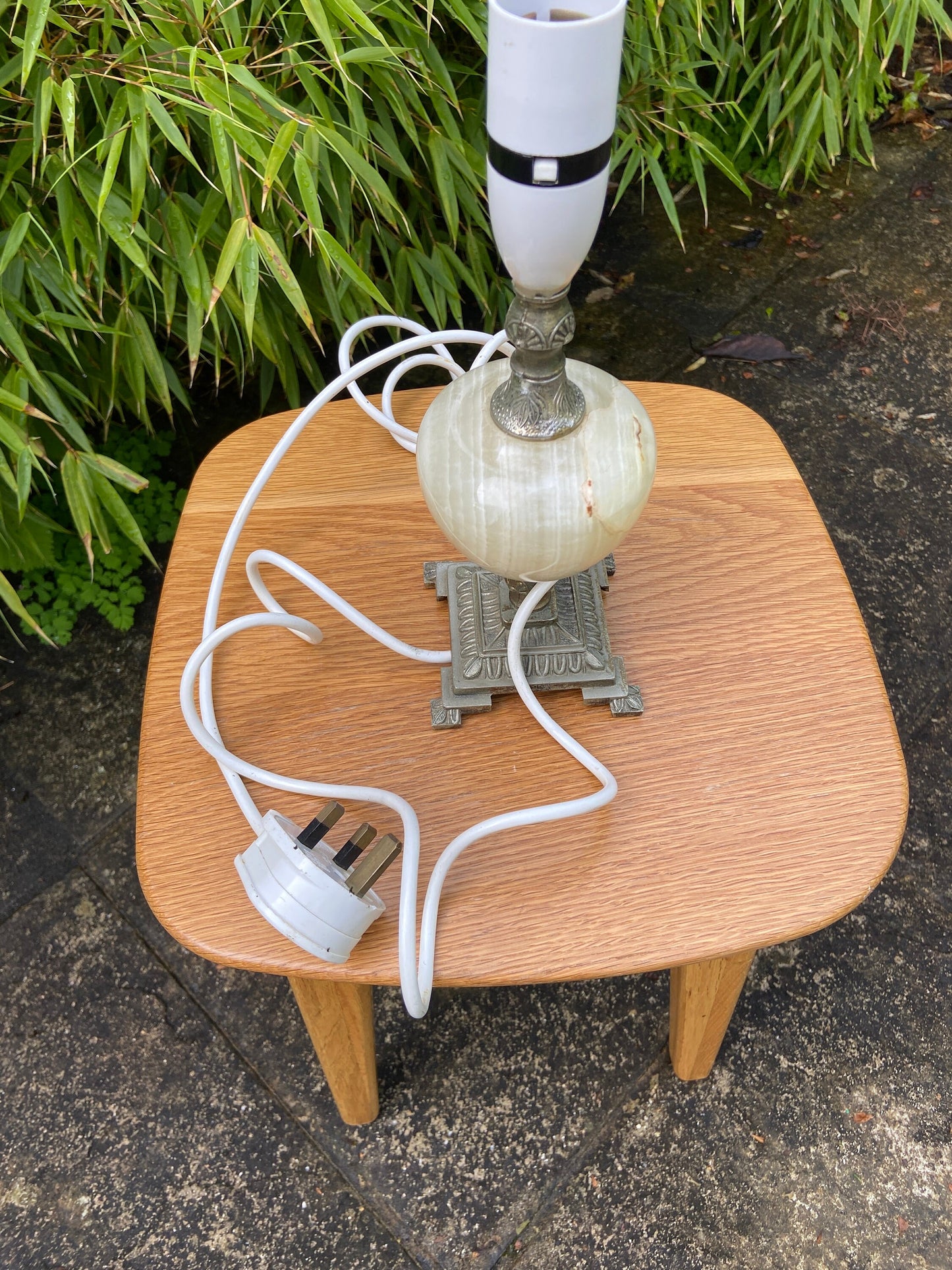 Ornate vintage Onyx Lamp - Green onyx with stripes, and cream inserted stone, ornate metal square base and stem