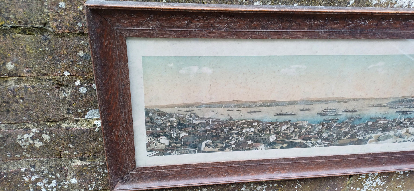 Vintage colour photograph, 158cm wide showing a panoramic view of Constantinople (Istanbul) - 1920s original vintage wooden glazed frame