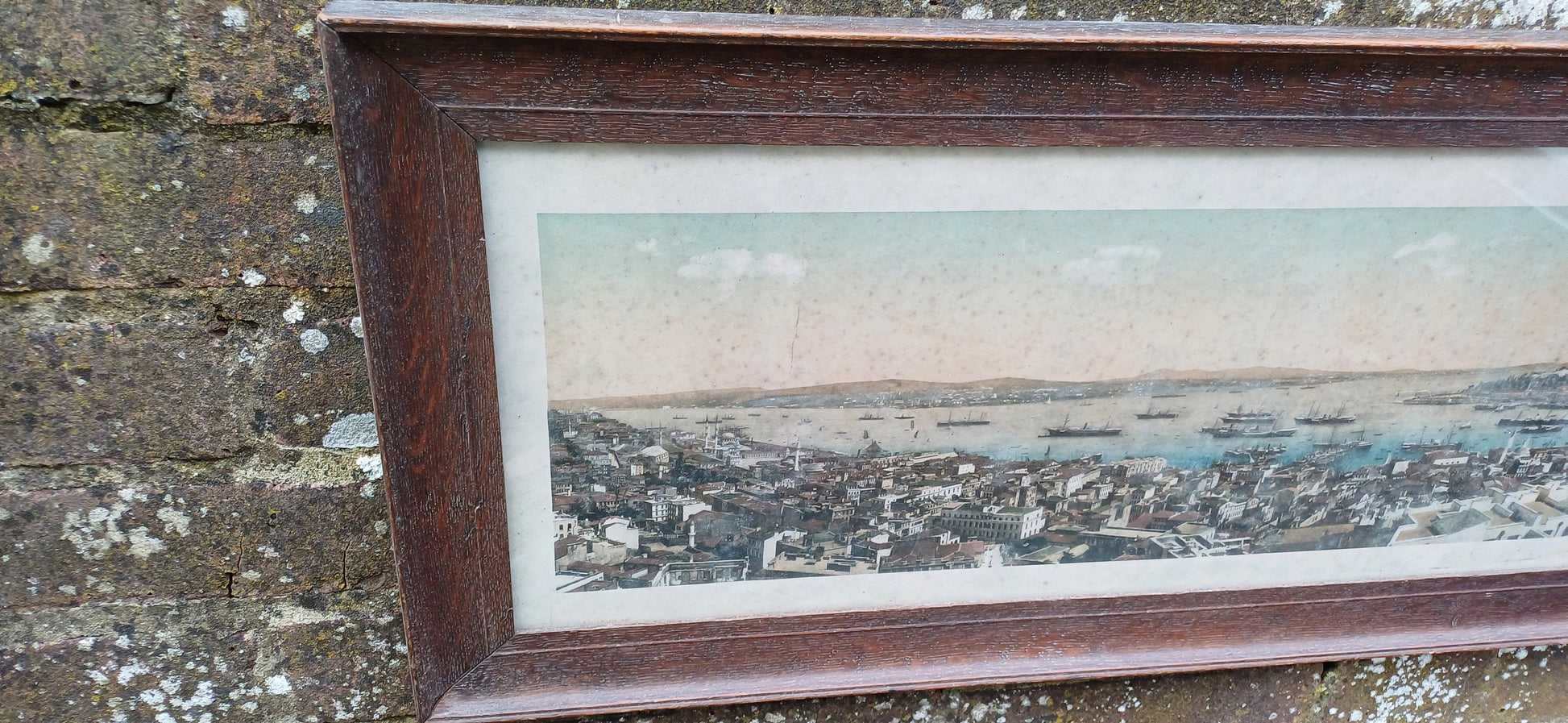 Vintage colour photograph, 158cm wide showing a panoramic view of Constantinople (Istanbul) - 1920s original vintage wooden glazed frame