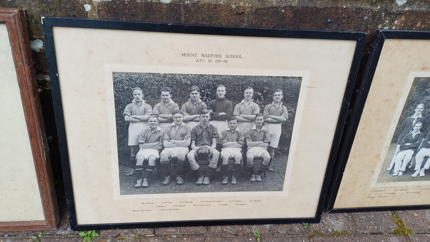 Three wonderful sports team photos from 1930s in vintage glazed frames - Mount Radford School, Exeter, Devon - football, cricket, rugby
