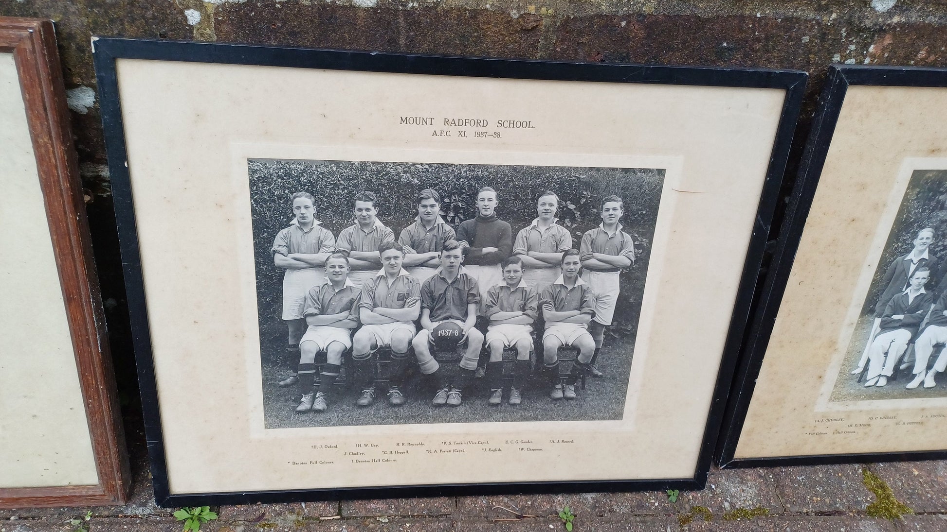 Three wonderful sports team photos from 1930s in vintage glazed frames - Mount Radford School, Exeter, Devon - football, cricket, rugby