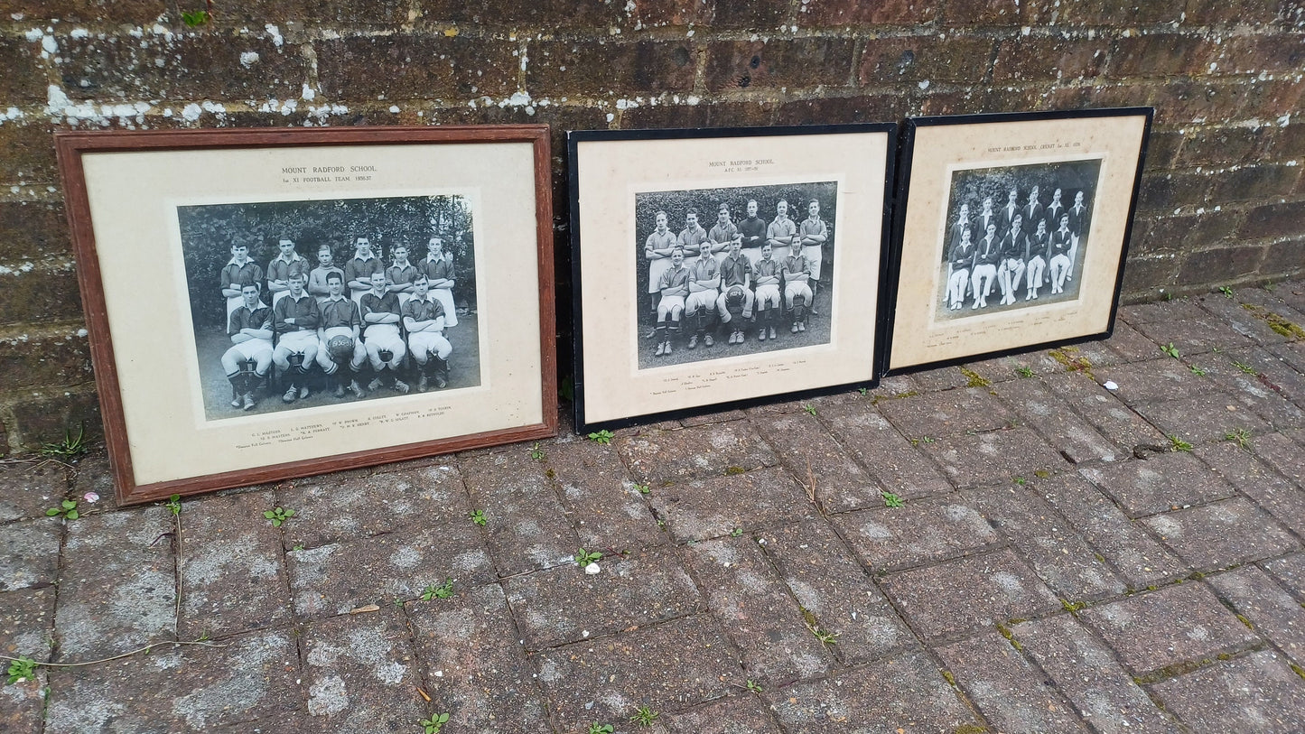 Three wonderful sports team photos from 1930s in vintage glazed frames - Mount Radford School, Exeter, Devon - football, cricket, rugby