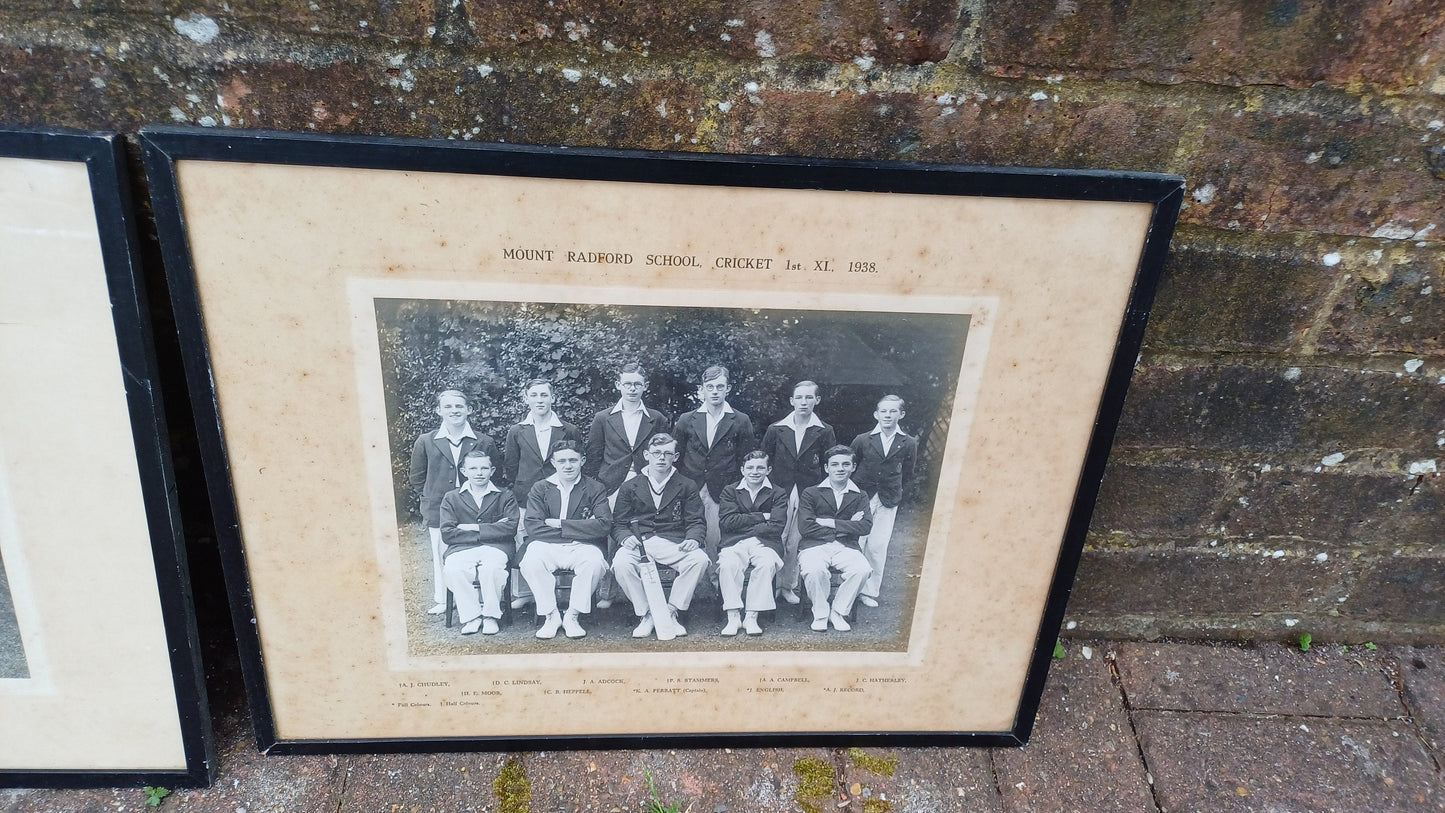 Three wonderful sports team photos from 1930s in vintage glazed frames - Mount Radford School, Exeter, Devon - football, cricket, rugby