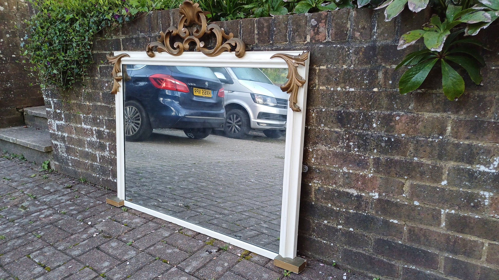 Large Vintage Gold and Painted Over Mnatel Mirror Victorian with Wonderful Carved Features.