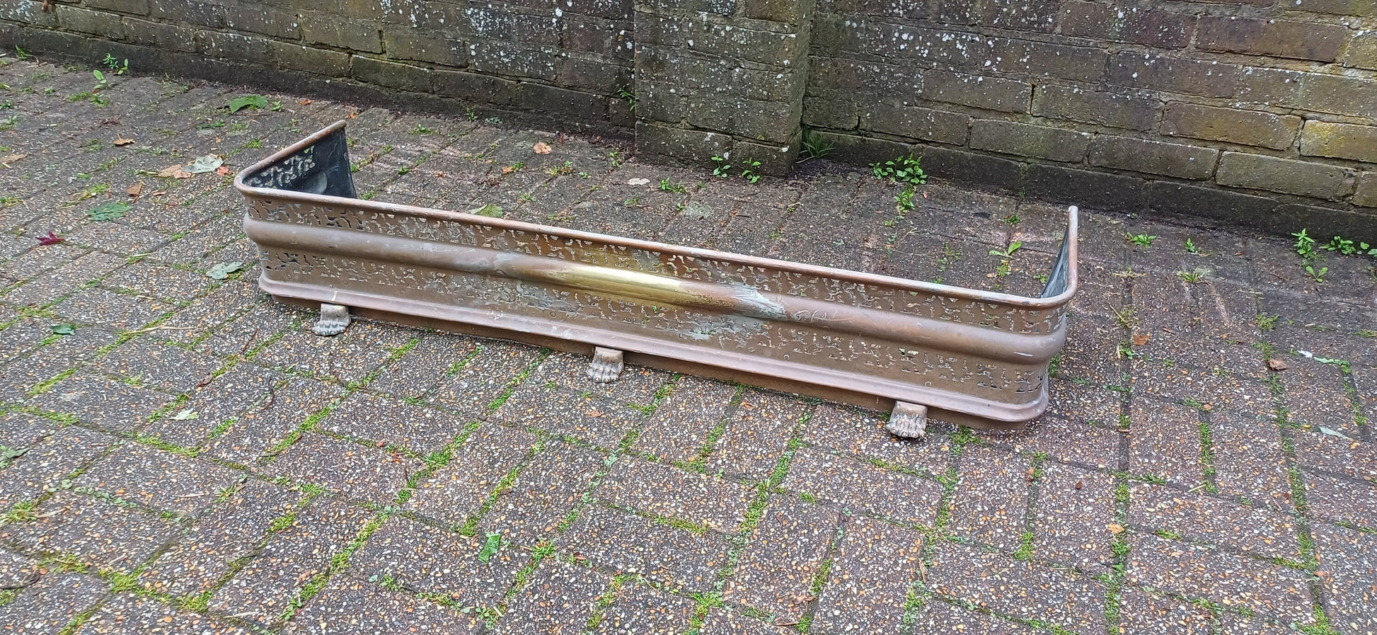 Large Vintage Late Victorian Brass Fender Fire Guard Curb Pierced Decoration.