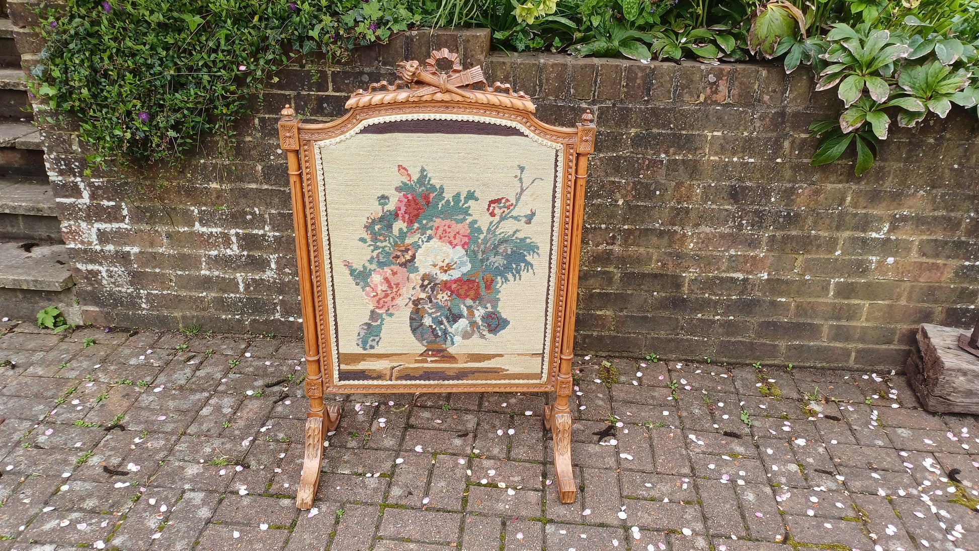 Vintage French Fruit Wood Quality Fire Screen Guard Still Life Tapestry Decoration.