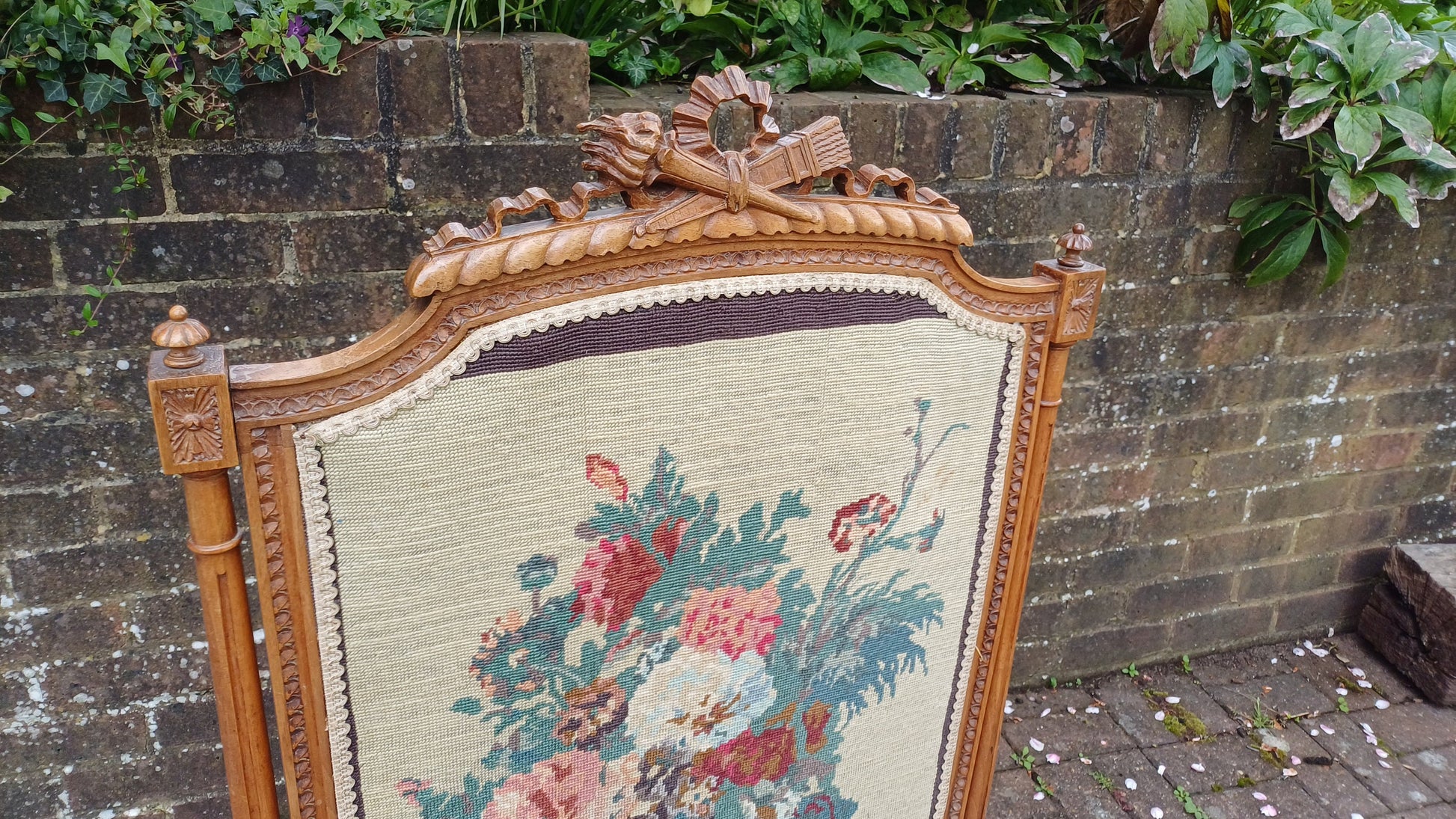 Vintage French Fruit Wood Quality Fire Screen Guard Still Life Tapestry Decoration.