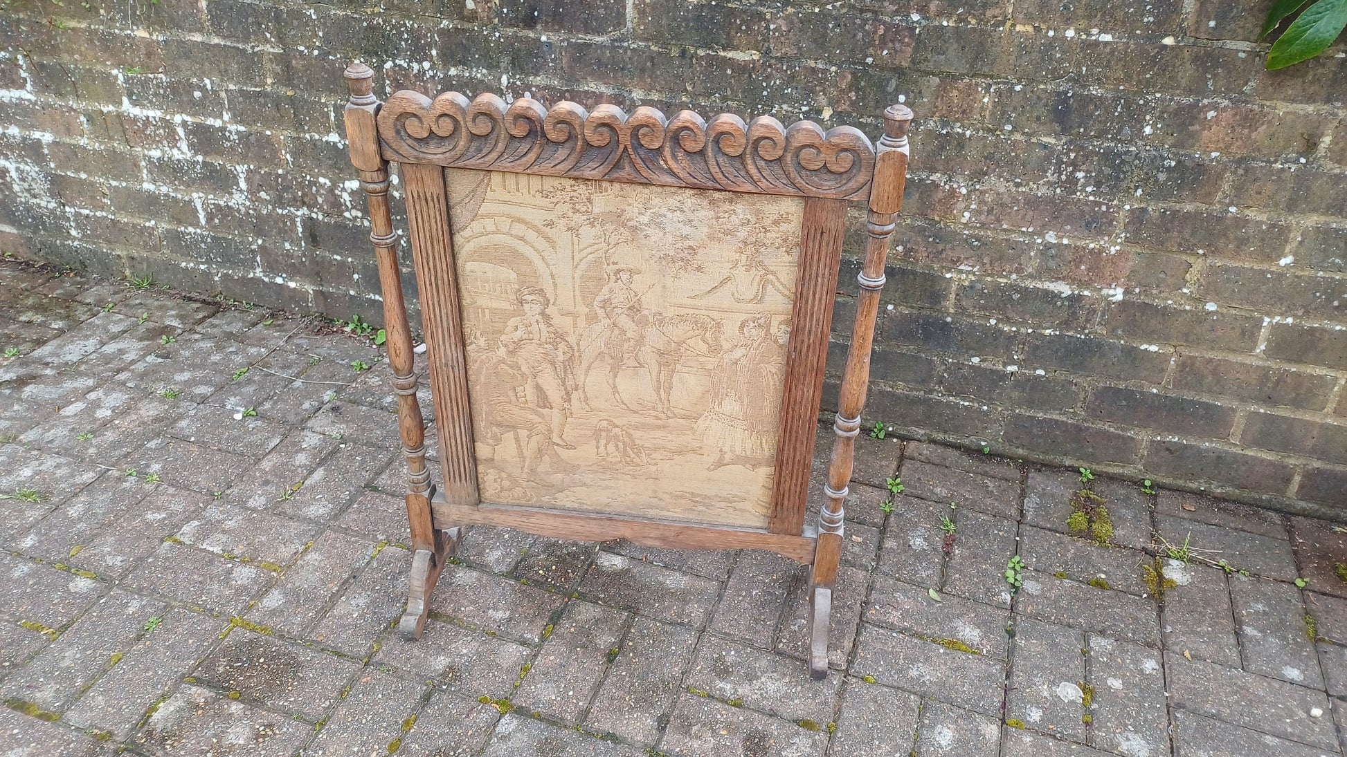 Superb Vintage Stripped Oak Tapestry Fire Screen
