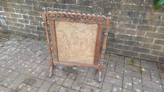 Superb Vintage Stripped Oak Tapestry Fire Screen