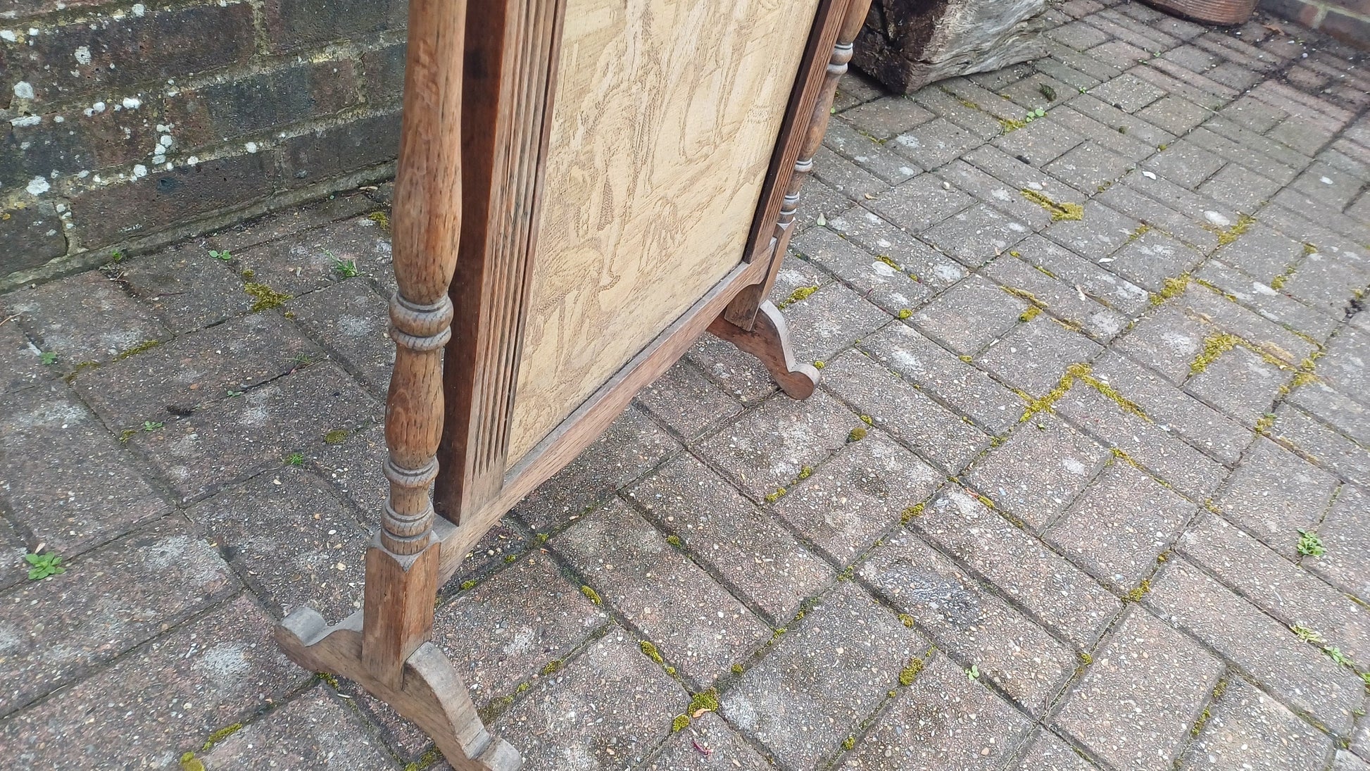 Superb Vintage Stripped Oak Tapestry Fire Screen