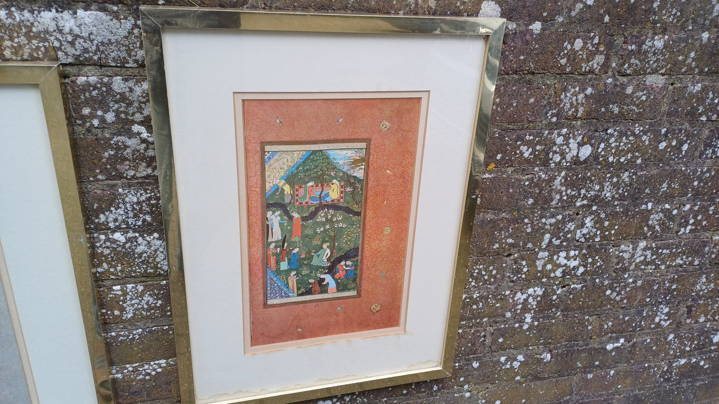 Two Vintage Muraqqa Gulshan (c15 century) Prints professionally mounted and framed - Bihzad Garden of Husayn Bayqara, Arabic, Middle Eastern