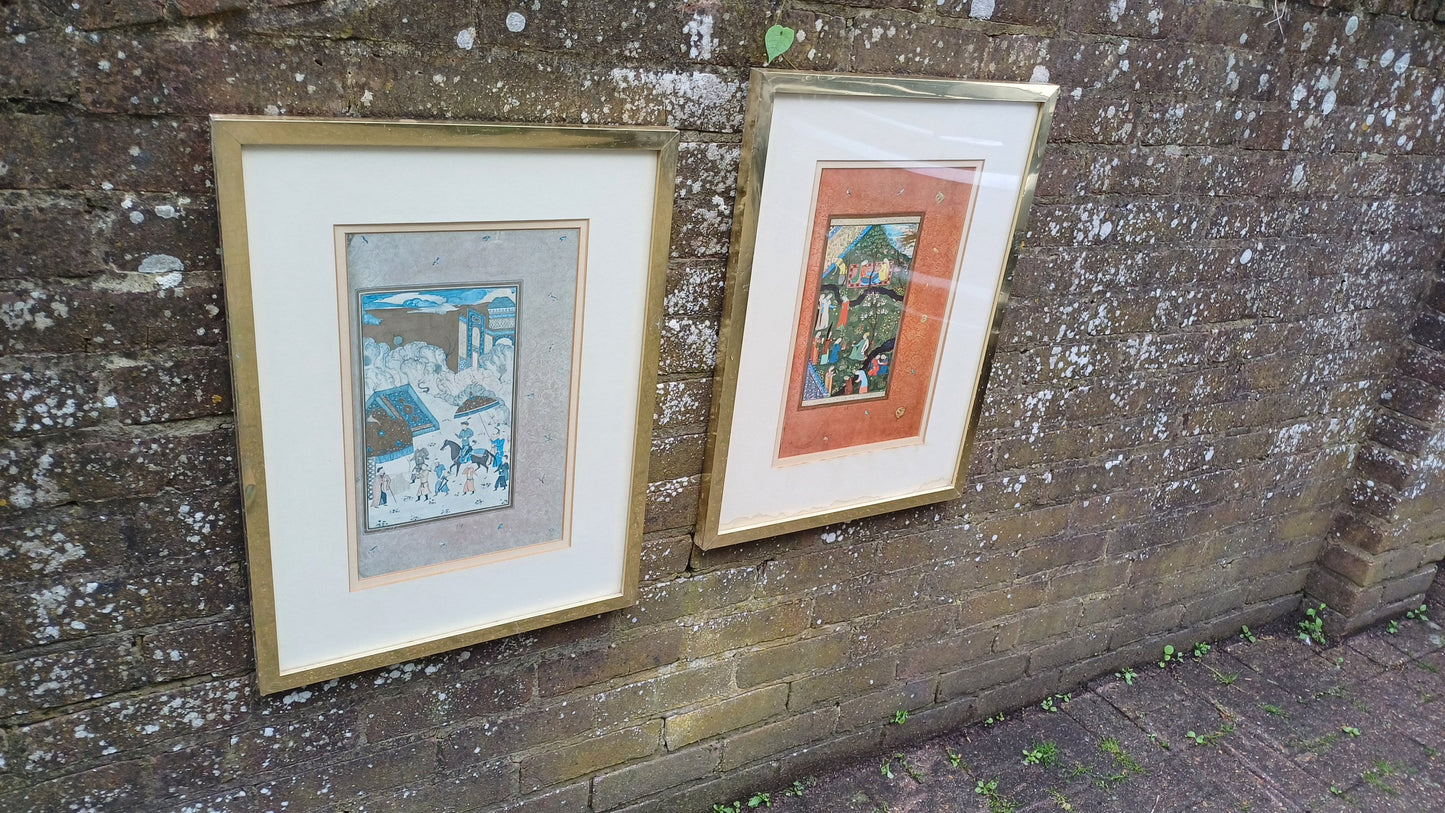 Two Vintage Muraqqa Gulshan (c15 century) Prints professionally mounted and framed - Bihzad Garden of Husayn Bayqara, Arabic, Middle Eastern