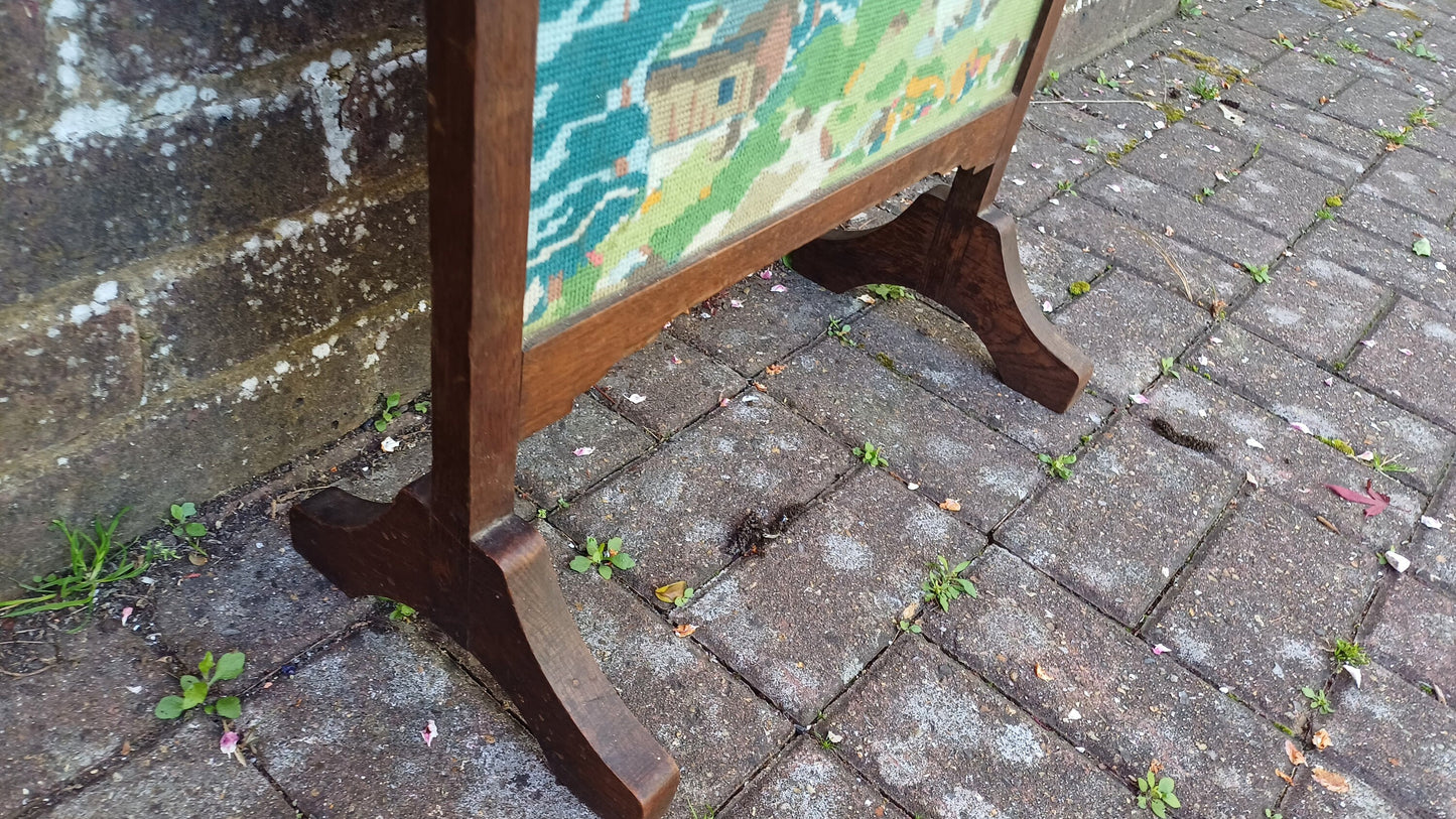 Vintage Oak Fire Screen 1920s Swiss Alps Tapestry Fire Guard Fireplace.