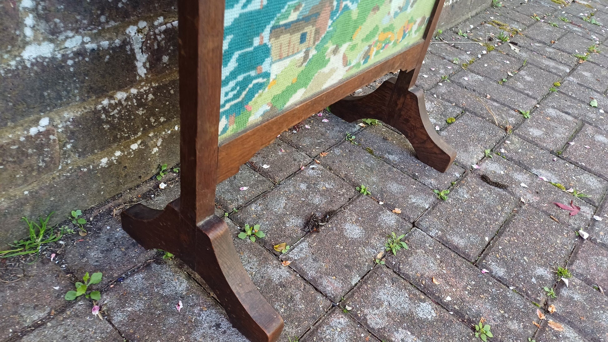 Vintage Oak Fire Screen 1920s Swiss Alps Tapestry Fire Guard Fireplace.