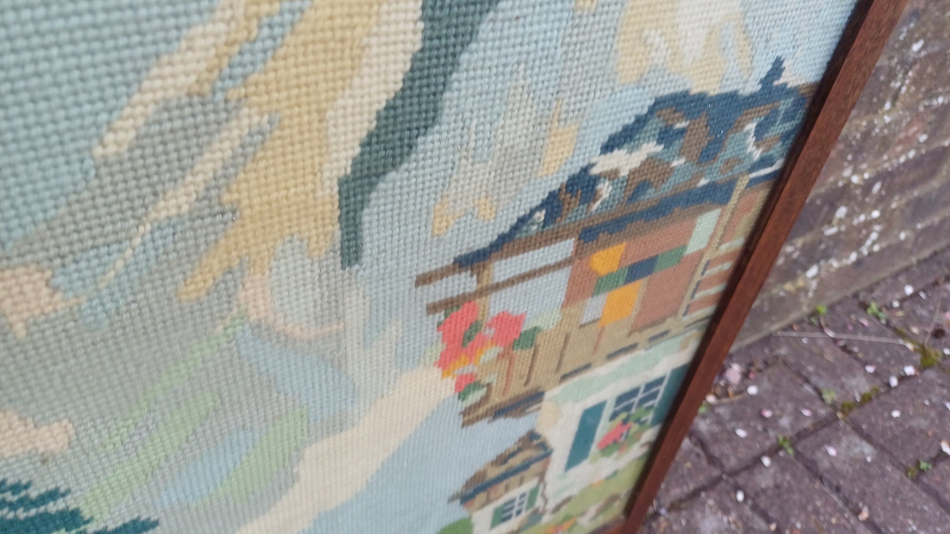 Vintage Oak Fire Screen 1920s Swiss Alps Tapestry Fire Guard Fireplace.