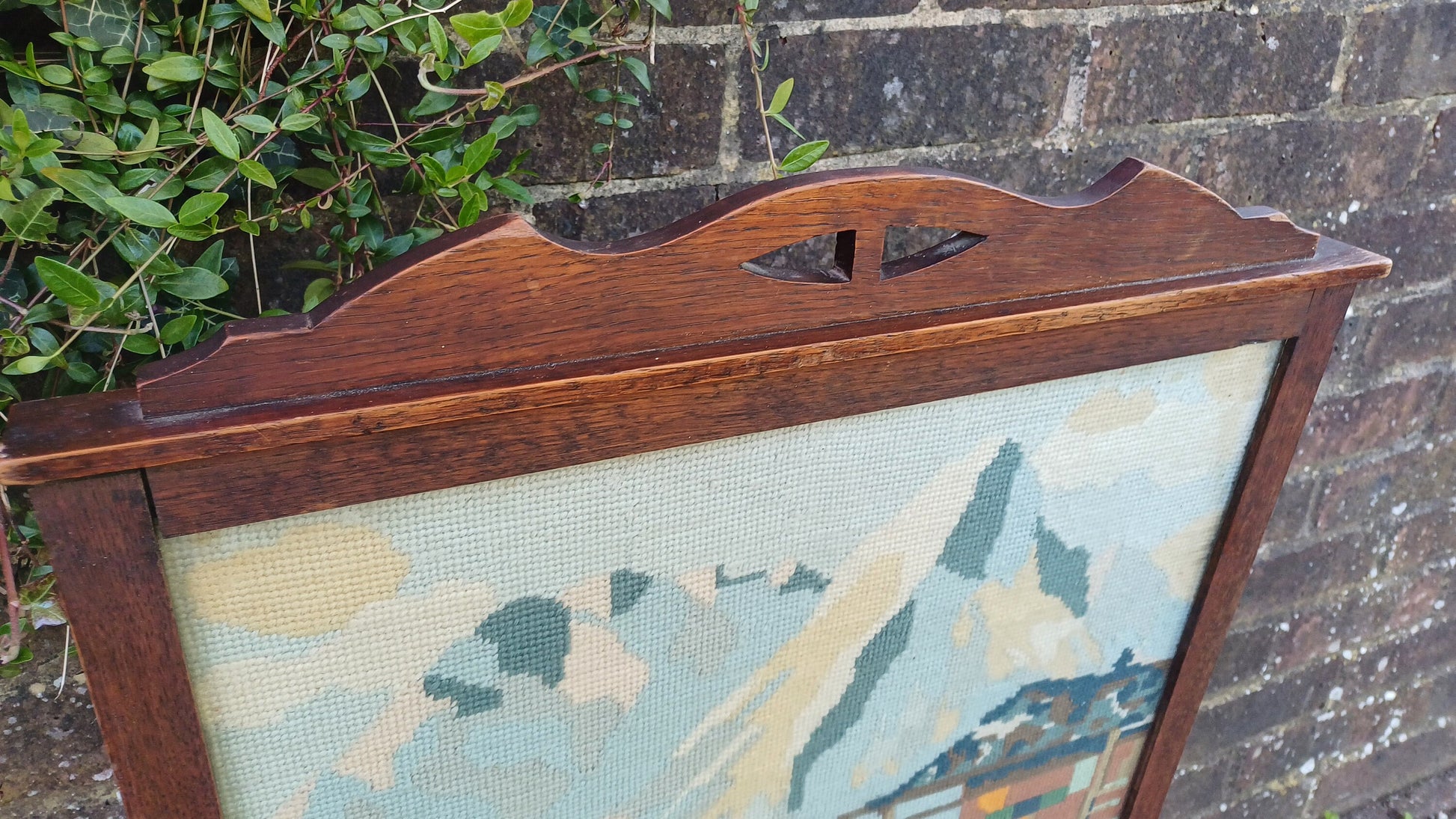 Vintage Oak Fire Screen 1920s Swiss Alps Tapestry Fire Guard Fireplace.