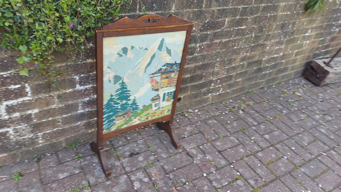 Vintage Oak Fire Screen 1920s Swiss Alps Tapestry Fire Guard Fireplace.