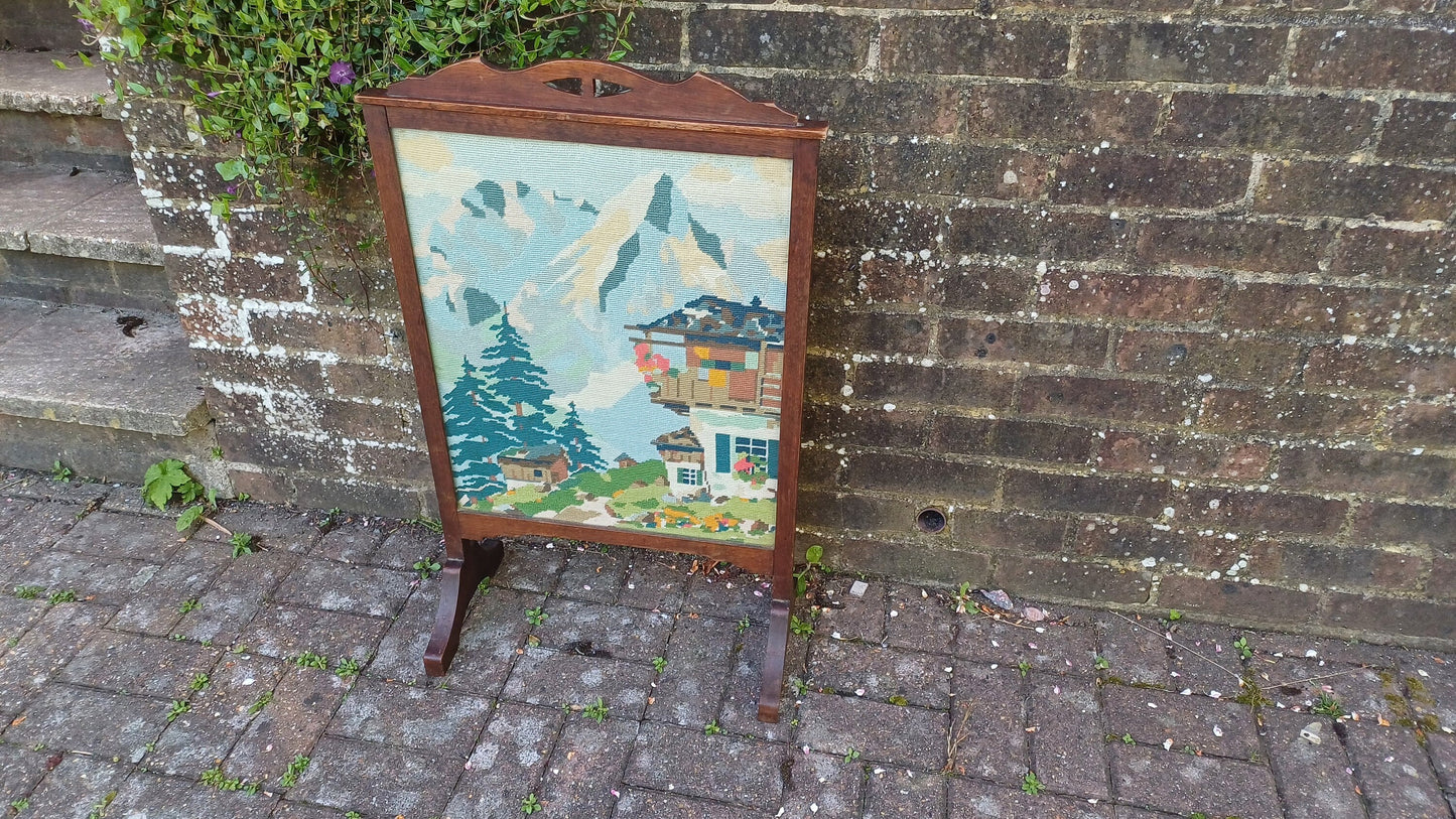 Vintage Oak Fire Screen 1920s Swiss Alps Tapestry Fire Guard Fireplace.