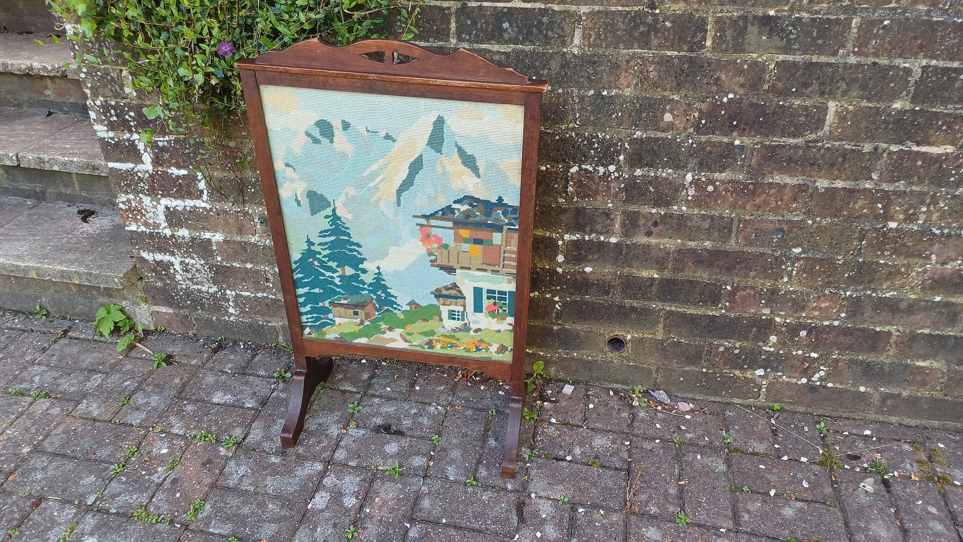 Vintage Oak Fire Screen 1920s Swiss Alps Tapestry Fire Guard Fireplace.