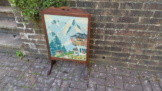 Vintage Oak Fire Screen 1920s Swiss Alps Tapestry Fire Guard Fireplace.