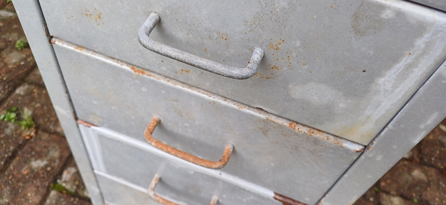 Vintage Retro 80s Grey Metal Filing Drawers Tools Office Artisan Storage