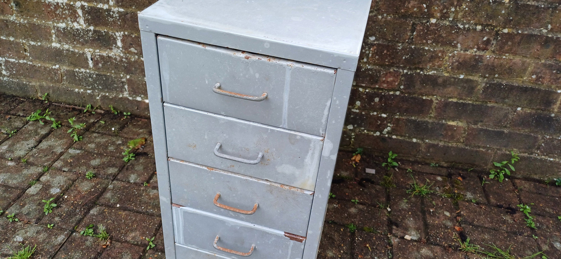 Vintage Retro 80s Grey Metal Filing Drawers Tools Office Artisan Storage