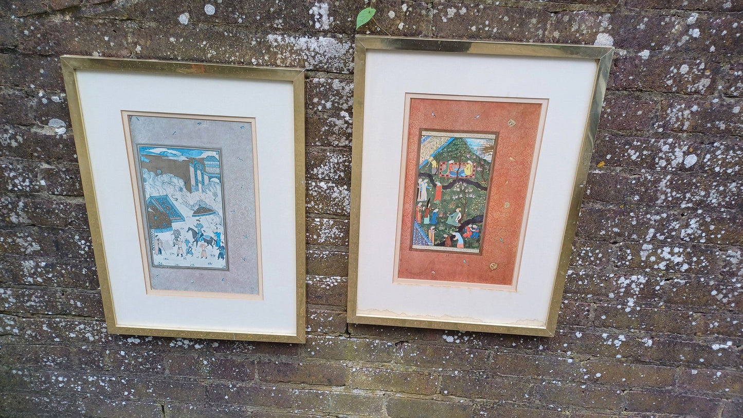 two vintage prints. original paintings done by Muraqqa Gulshan. Arabic Middle Eastern Prints. Vintage gold metal frames, glazed frames and mounted.