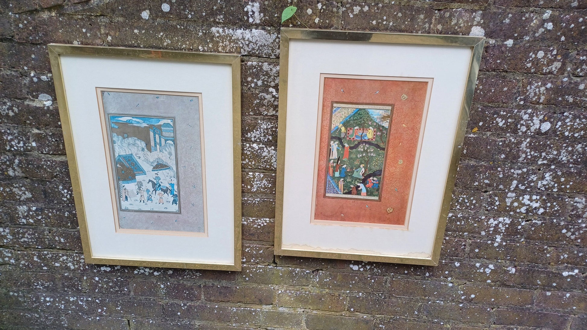 two vintage prints. original paintings done by Muraqqa Gulshan. Arabic Middle Eastern Prints. Vintage gold metal frames, glazed frames and mounted.