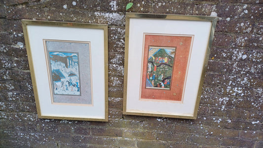 two vintage prints. original paintings done by Muraqqa Gulshan. Arabic Middle Eastern Prints. Vintage gold metal frames, glazed frames and mounted.