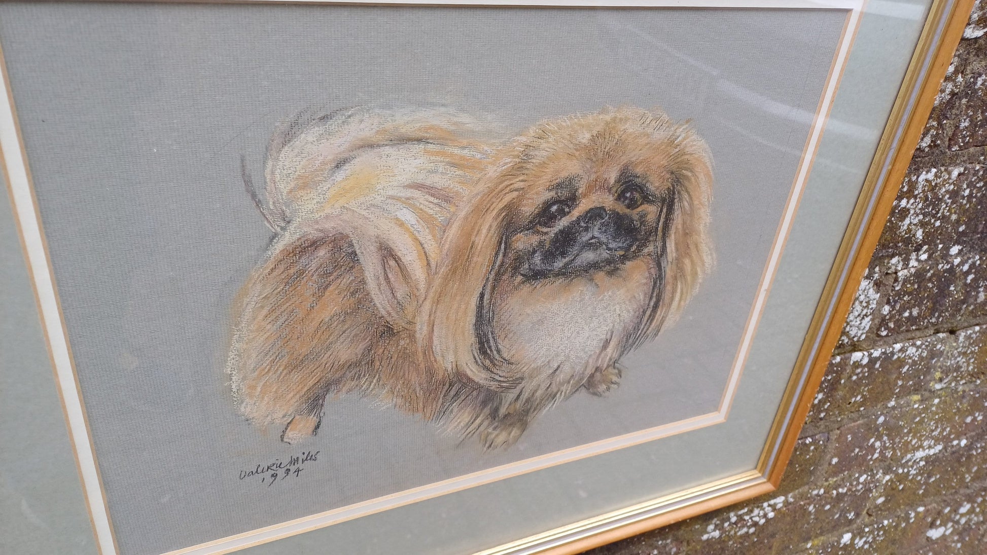 Original vintage pastel by Valerie Miles 1994, original drawing by famous Welsh artist, Pekinese Pekingese dog, Tricki Woo