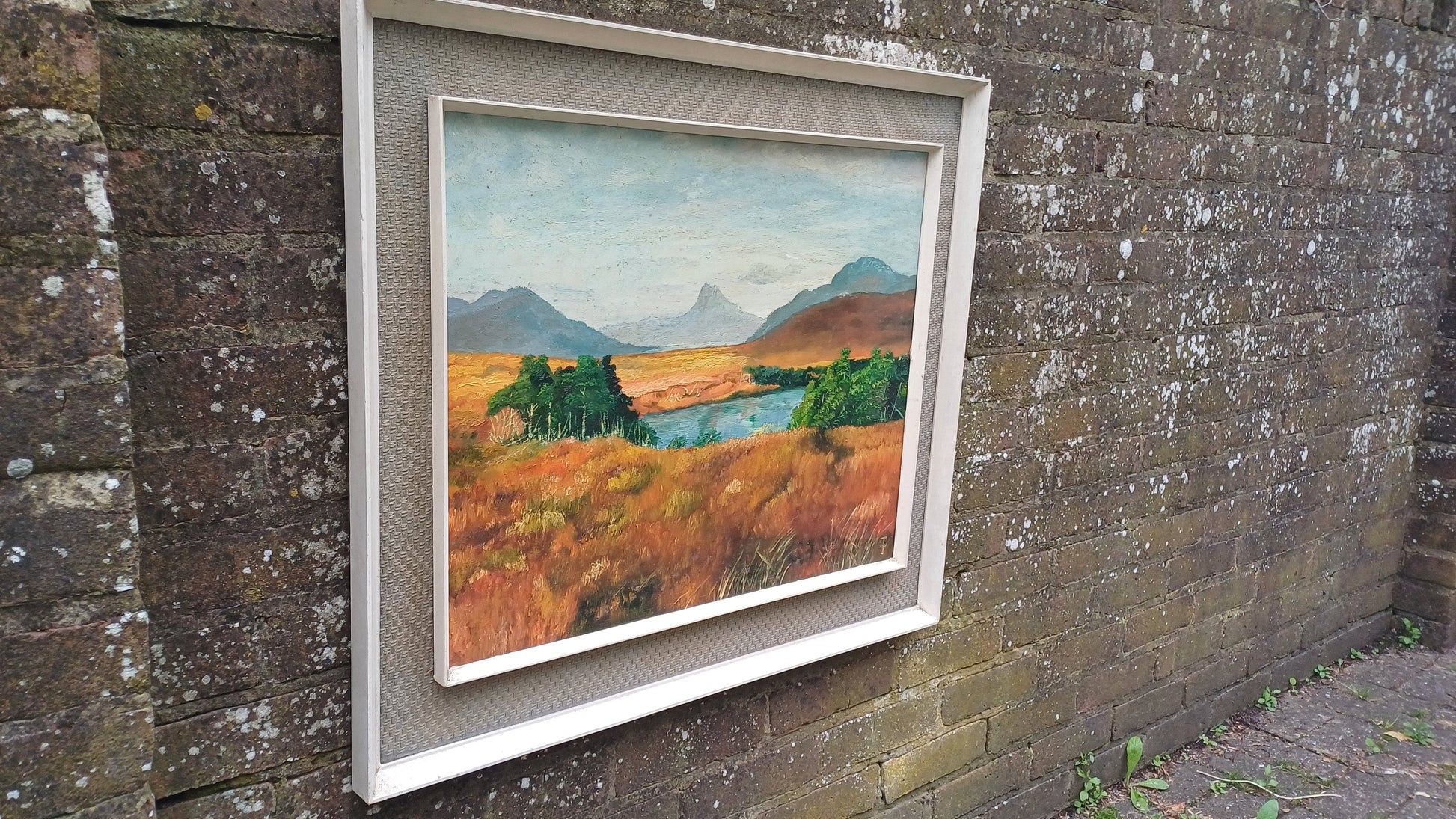 Original vintage Oil Painting of a Landscape, framed in wonderful retro material mounted vintage frame - large