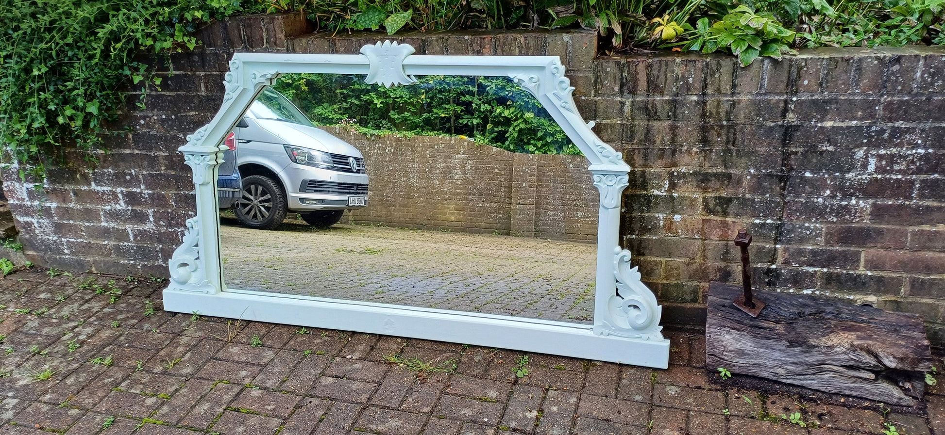 Enormous Vintage Victorian Painted Mahogany Over Mantel or Wall Mirror Light Green.