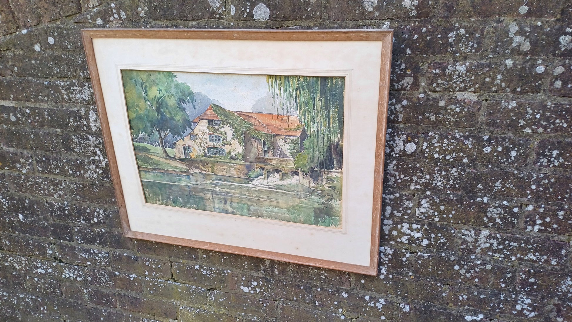 Large vintage watercolour of a Kent house on a river - Mill house, water house, original water colour