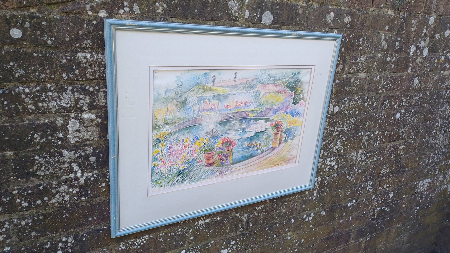 Wonderful large original water colour, water colour painting of Images of Dianas Garden Copinger Hall, by Samantha Jill D Howard, pond