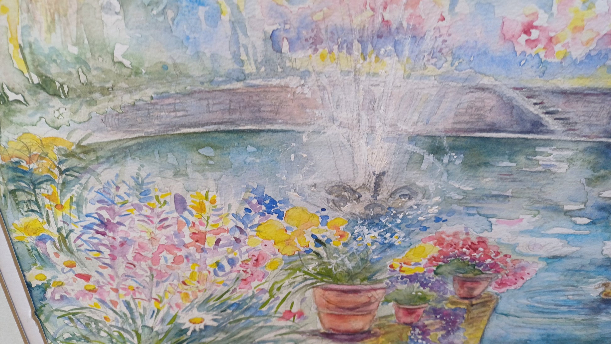Wonderful large original water colour, water colour painting of Images of Dianas Garden Copinger Hall, by Samantha Jill D Howard, pond