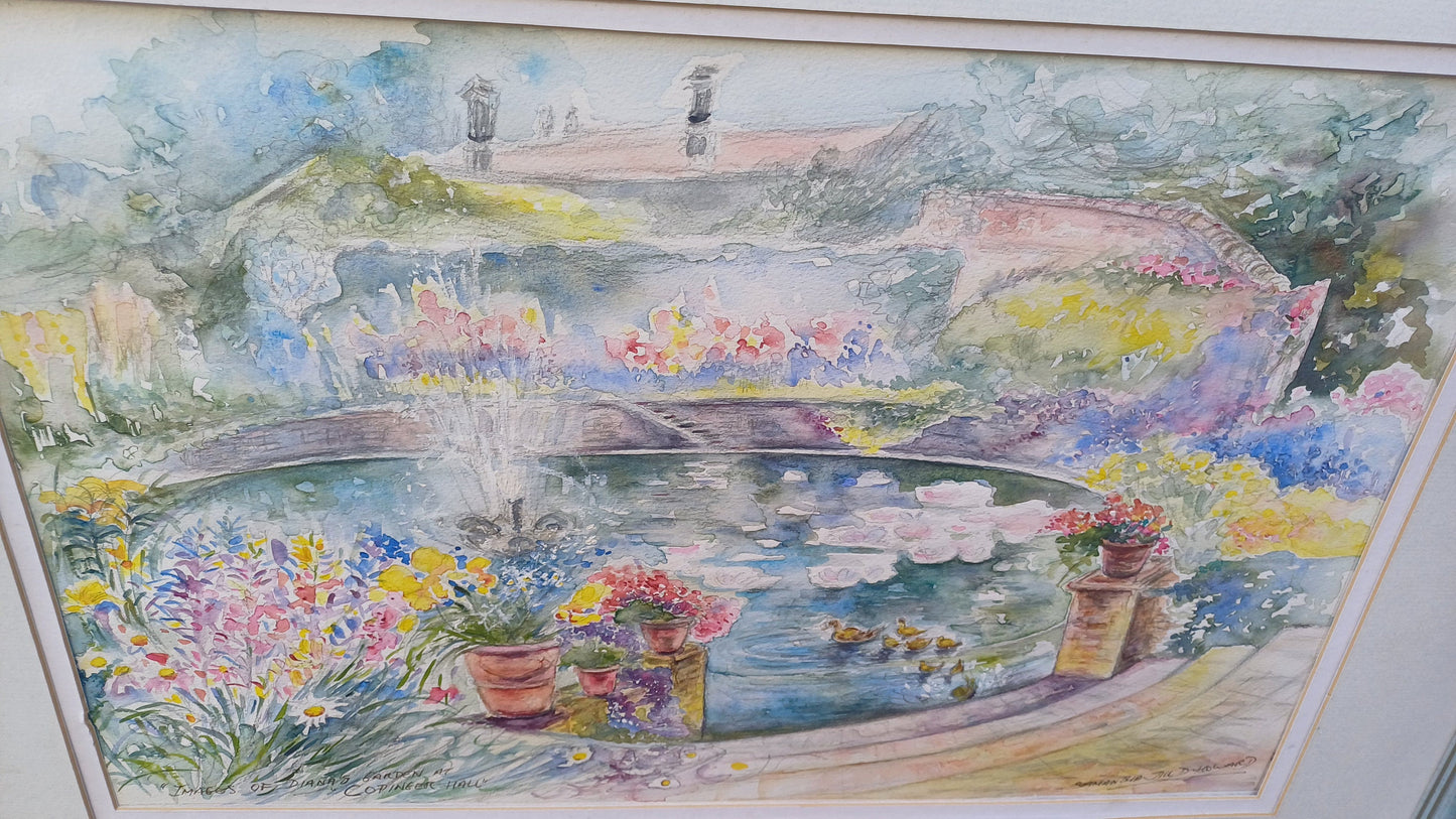 Wonderful large original water colour, water colour painting of Images of Dianas Garden Copinger Hall, by Samantha Jill D Howard, pond