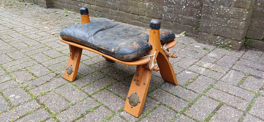 Wonderful Vintage Wooden Camel Stool with Age Worn Leather Cushion