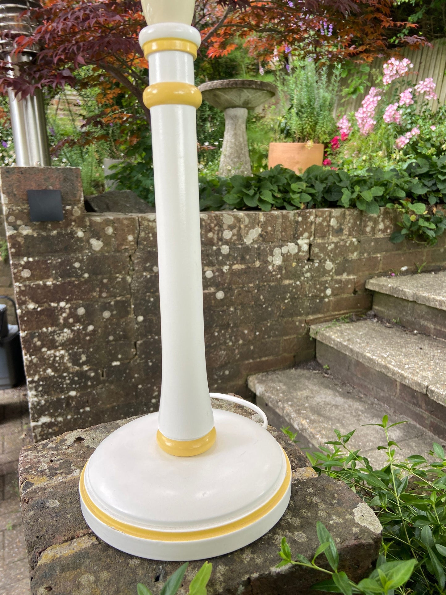 Vintage Laura Ashley painted wooden yellow striped and cream/white vintag table lamp