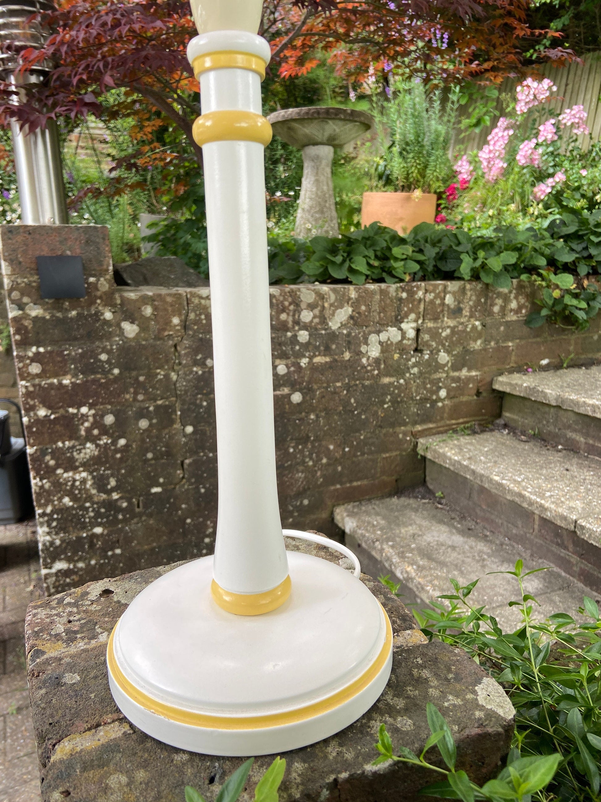 Vintage Laura Ashley painted wooden yellow striped and cream/white vintag table lamp